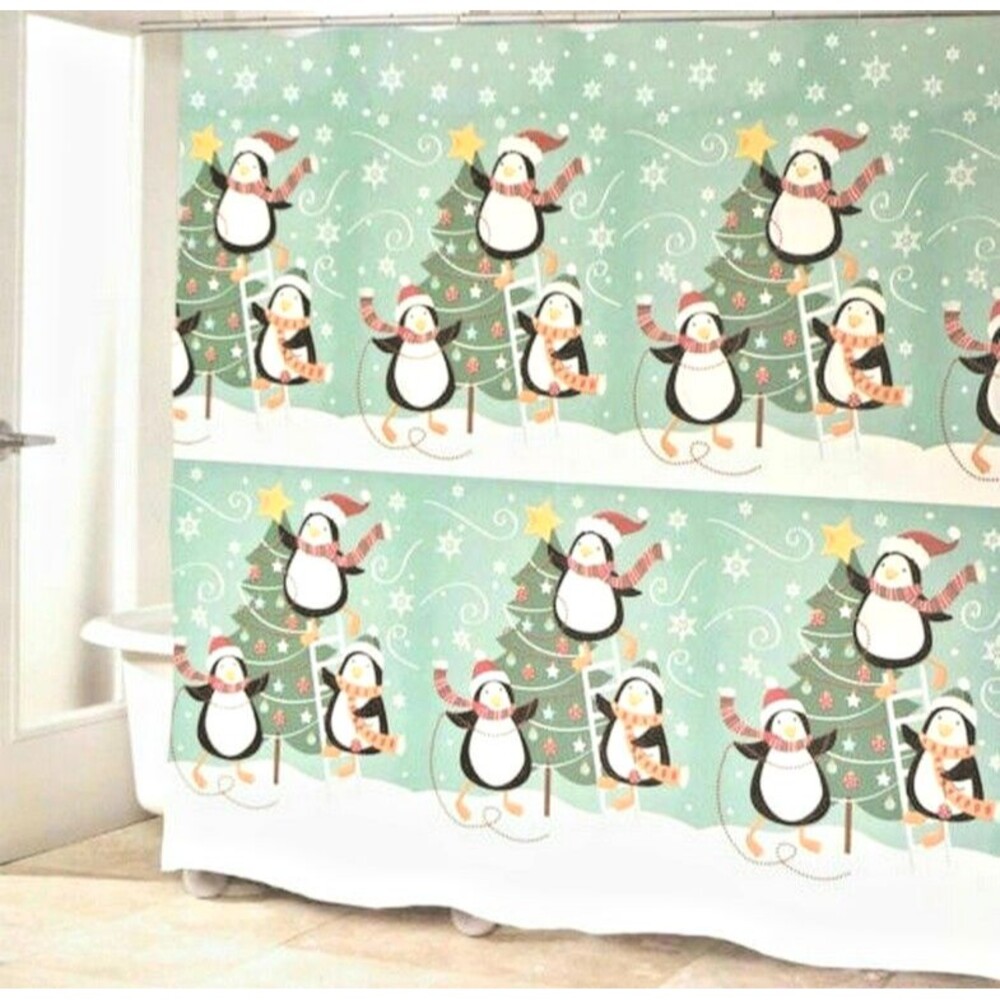 Avanti Christmas Holiday Fabric Shower Curtain Penguins and Trees Green 72x72"